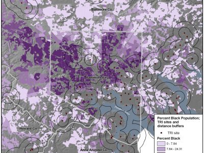 map of racial composition of neighborhoods relative to Toxic Release Inventory sites