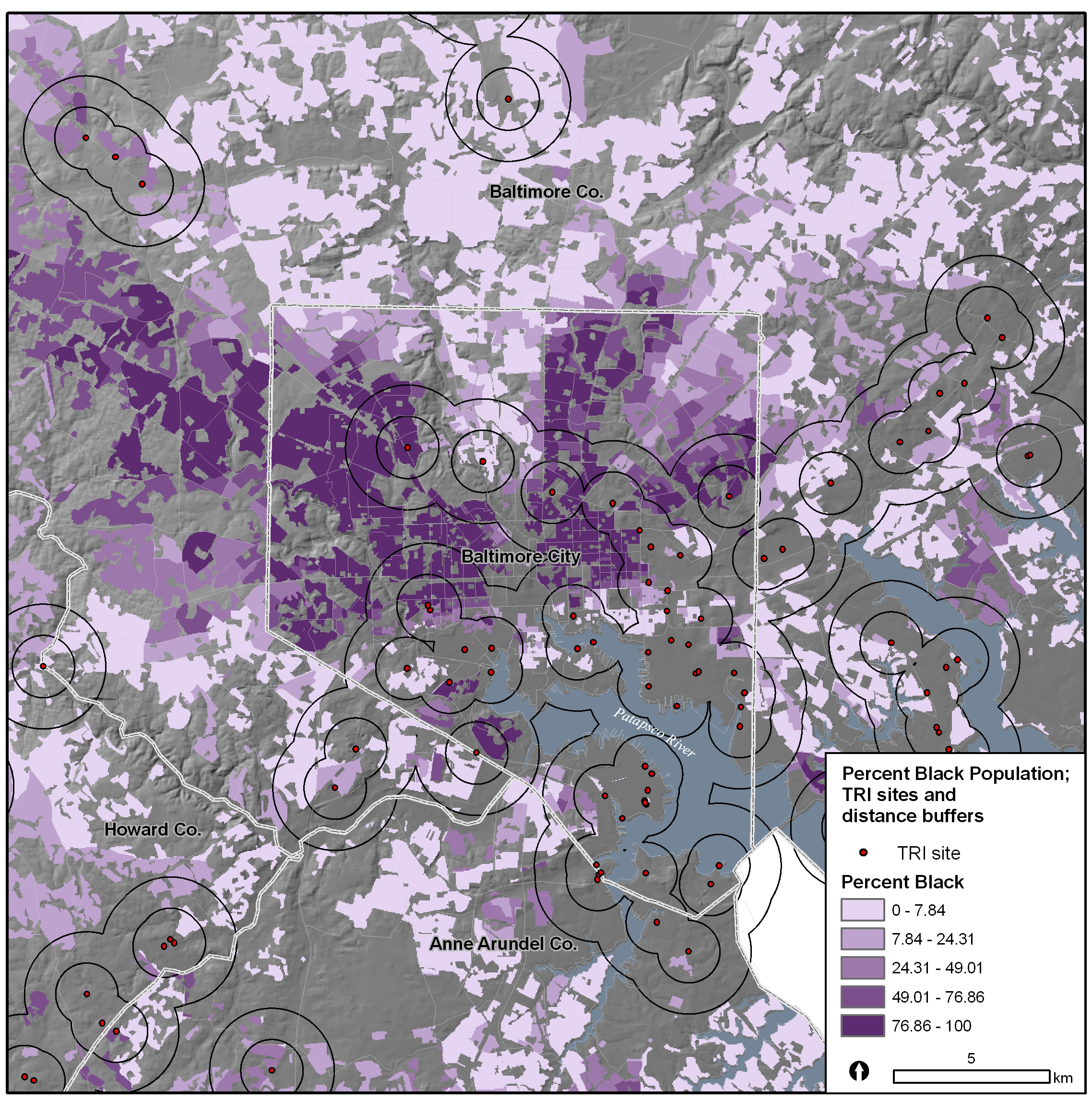 map of racial composition of neighborhoods relative to Toxic Release Inventory sites