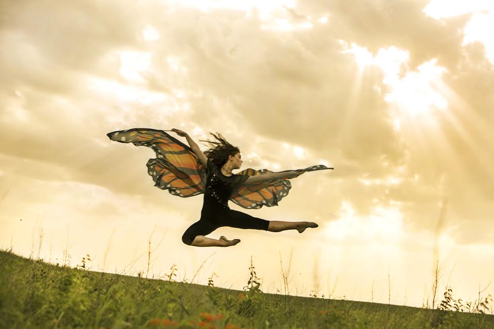 Winged dancer leaps over a field of milkweed