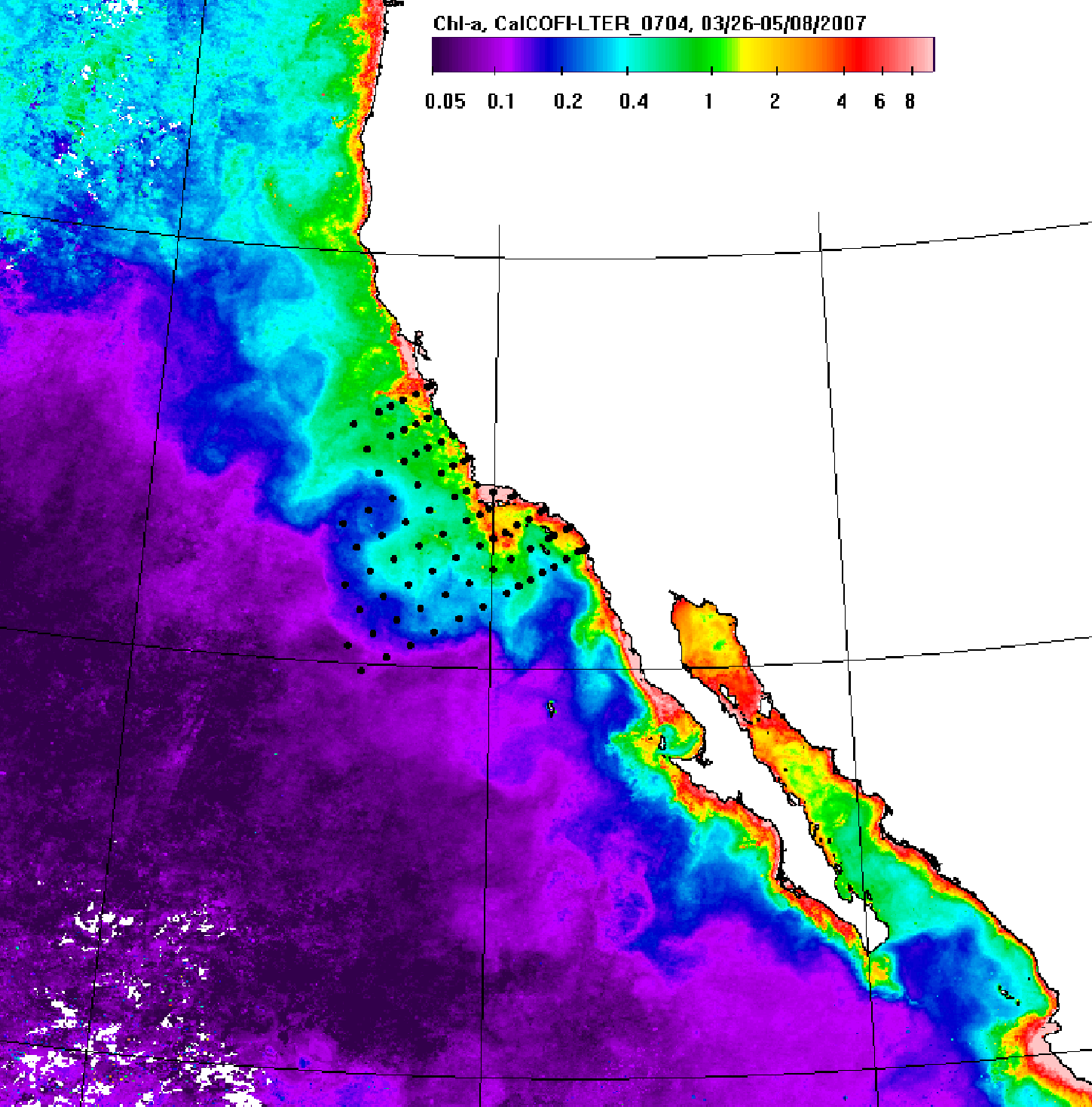 map of coastal California ocean, with red and green nearshore, shading to blue and purple offshore