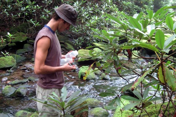 A CWT researcher wades in a stream to take water samples