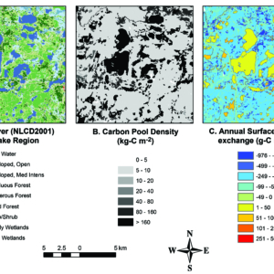 three maps with land cover, carbon pool density, and CO2 exchange