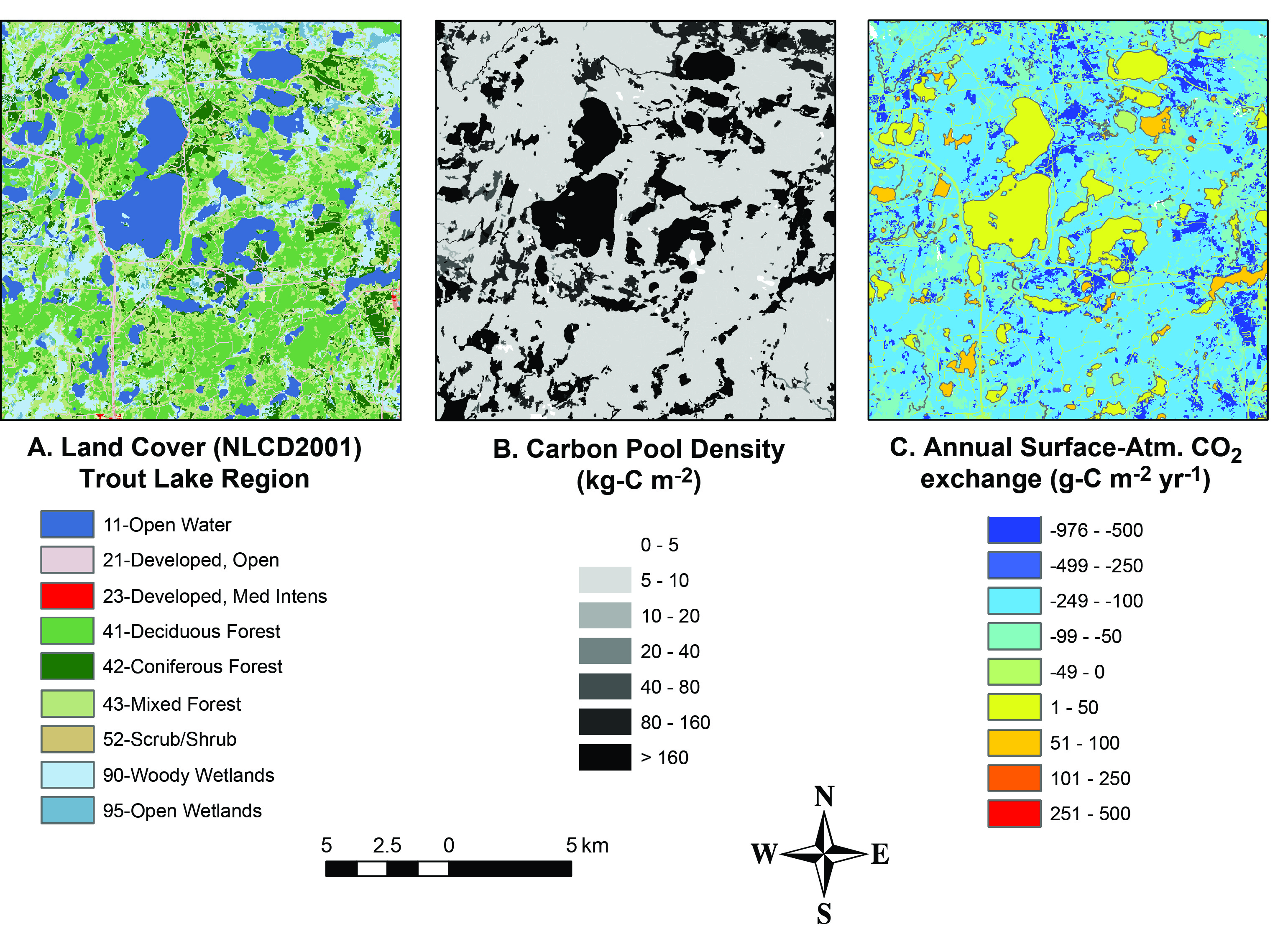 three maps with land cover, carbon pool density, and CO2 exchange