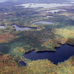 aerial view of lakes and changing fall foliage