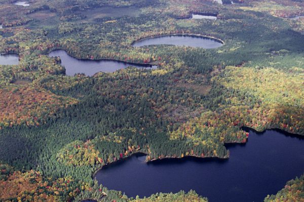 aerial view of lakes and changing fall foliage
