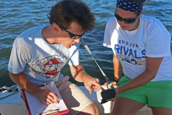 Research Technician Tim Montgomery records water quality data with a teacher during the GCE schoolyard summer workshop.
