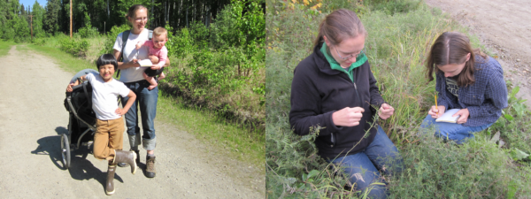 Left: A family expedition; Dr. Katie Spellman, her daughter Izzy, and Dr. Christa Mulder’s son, Euan, during one of their weekly monitoring outings. Right: Dr. Katie Spellman with technician Patricia Hurtt collecting data at a disturbed site.