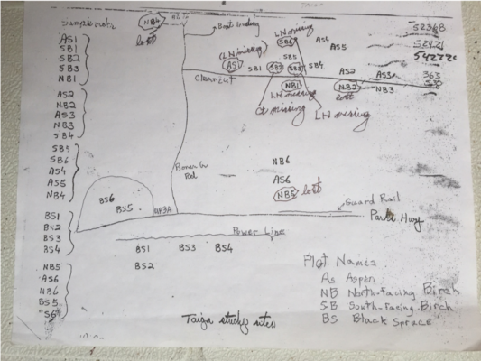 Terry Chapin’s hand drawn map of the 1988 field sites. Sampling these sites this year became much faster with the aid of GPS coordinates and digital maps. 