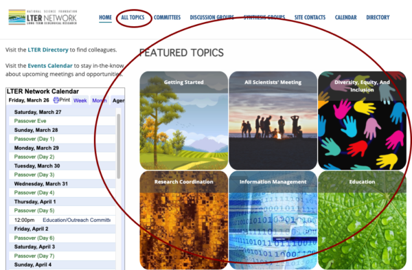 Image of the LTERHub homepage with topics highlighted