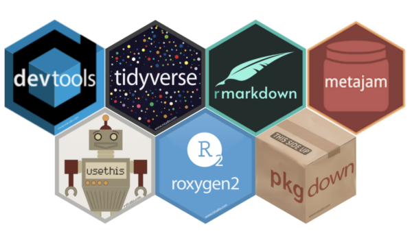 hexagons containing devtools, tidyverse, rmarkdown, metajam, usethis, roxygen2, and pkgdown