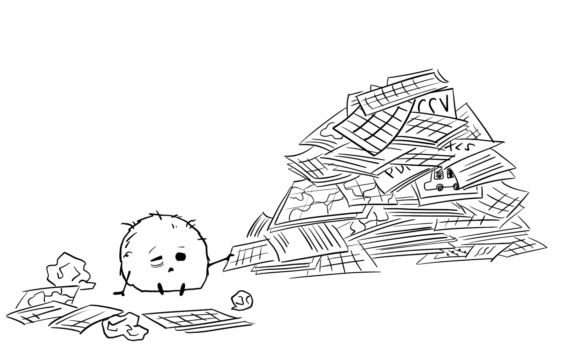A little monster sorts through a gigantic pile of datasets. 