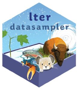 LTERdatasampler logo: a hexagon with the text lter datasampler, and underneath a bison, a pika, and a crab with antarctic ice and a sapling in the background.