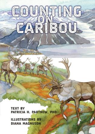 Book cover illustration of caribou on snow and vegetation covered landscape