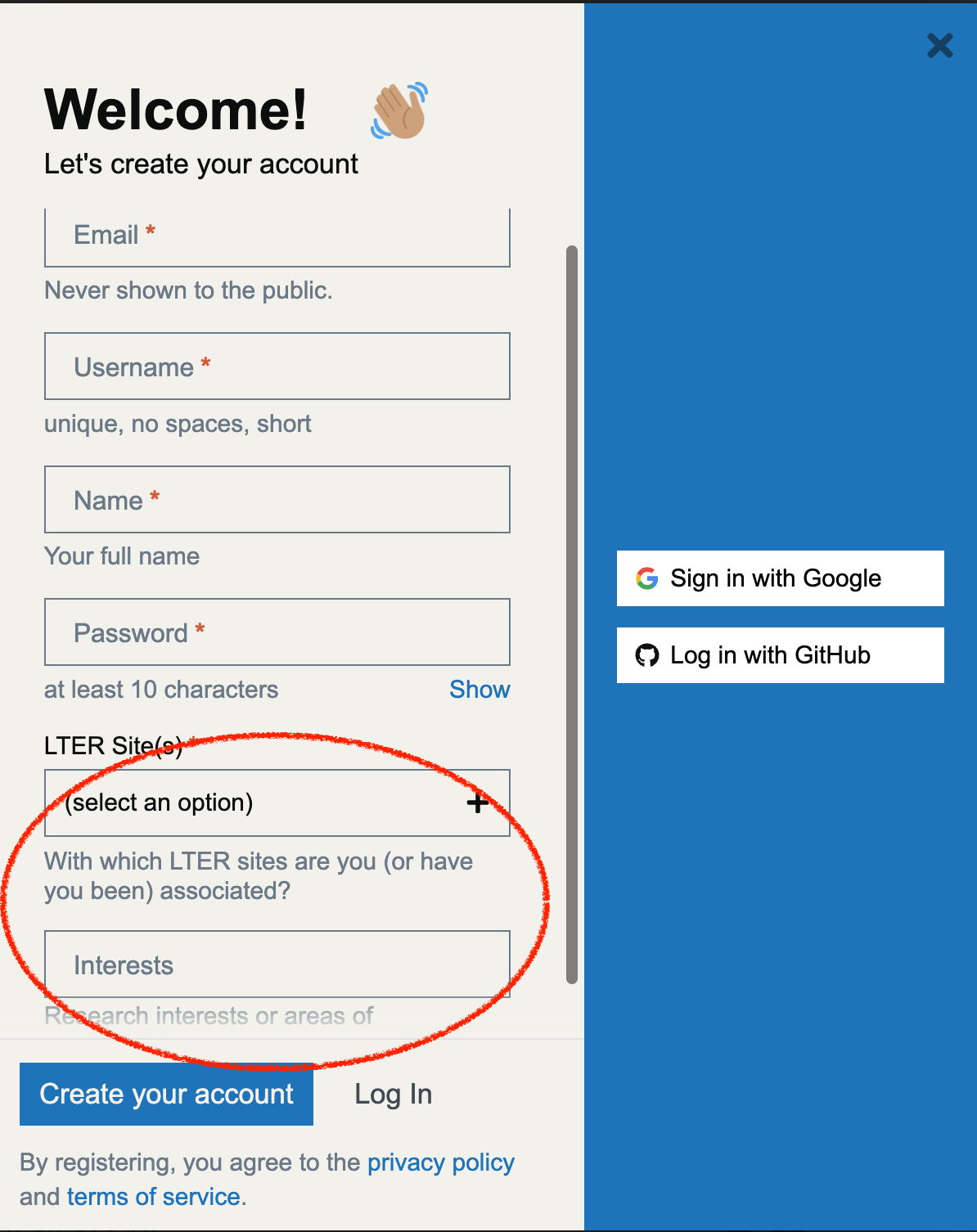 Dialog with spaces for email, Username, Name, Password, LTER Site and Interests, plus buttons to create a new account or to login.