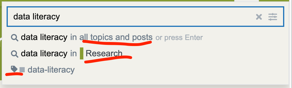 Search window with "data literacy" entered and options highlighted, Options include search "all topics and posts", search in the "research" category, and search specifically for the data-literacy tag.