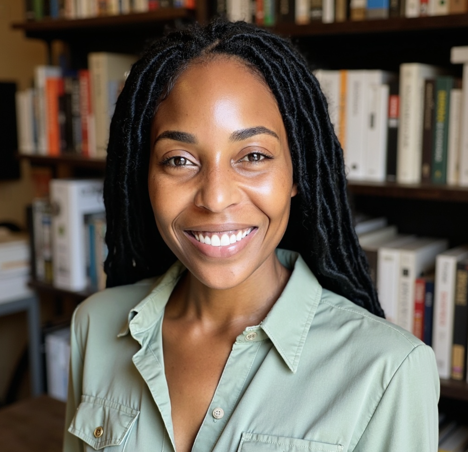 Smiling woman in front of a bookcase