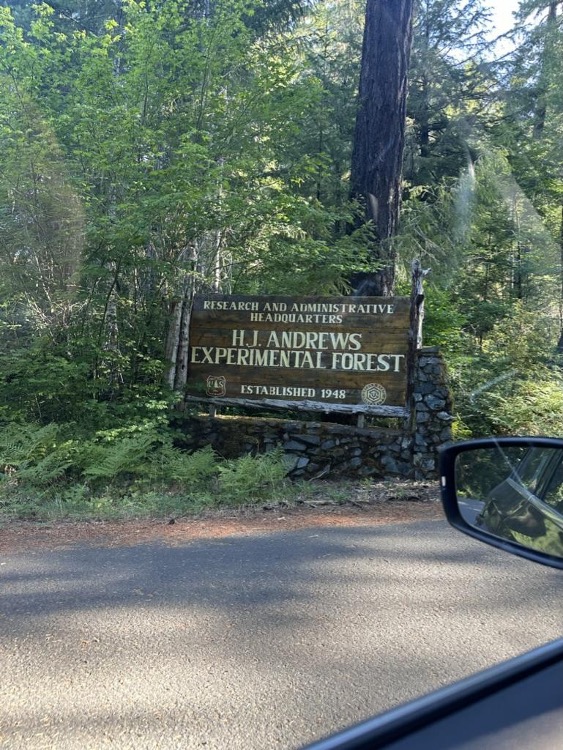 rustic sign reading: H.J. Andrews Experimental Forest, established 1948