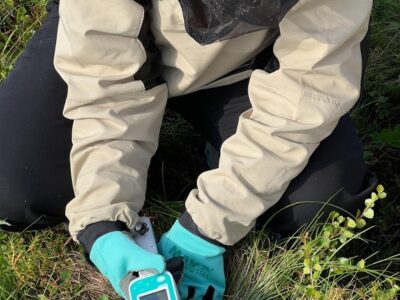 An individual enclosed in raingear and headnet holds a hand-sized instrument over blades of grasslike plants.