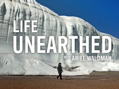 Glacier, framed against blue sky with a small person walkiong over a barren moraine. The title "Life Unearthed" appears in front of the glacier face.