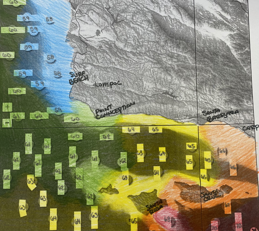 map of waters off the central California coast, showing blue (cooler) abover Point Conception and yellow/orange (warmer) below.