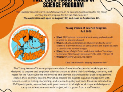 Young Voices of Scoence Flyer. Same information as in the announcement text on an orange background, with a graphic of YVOS logo.