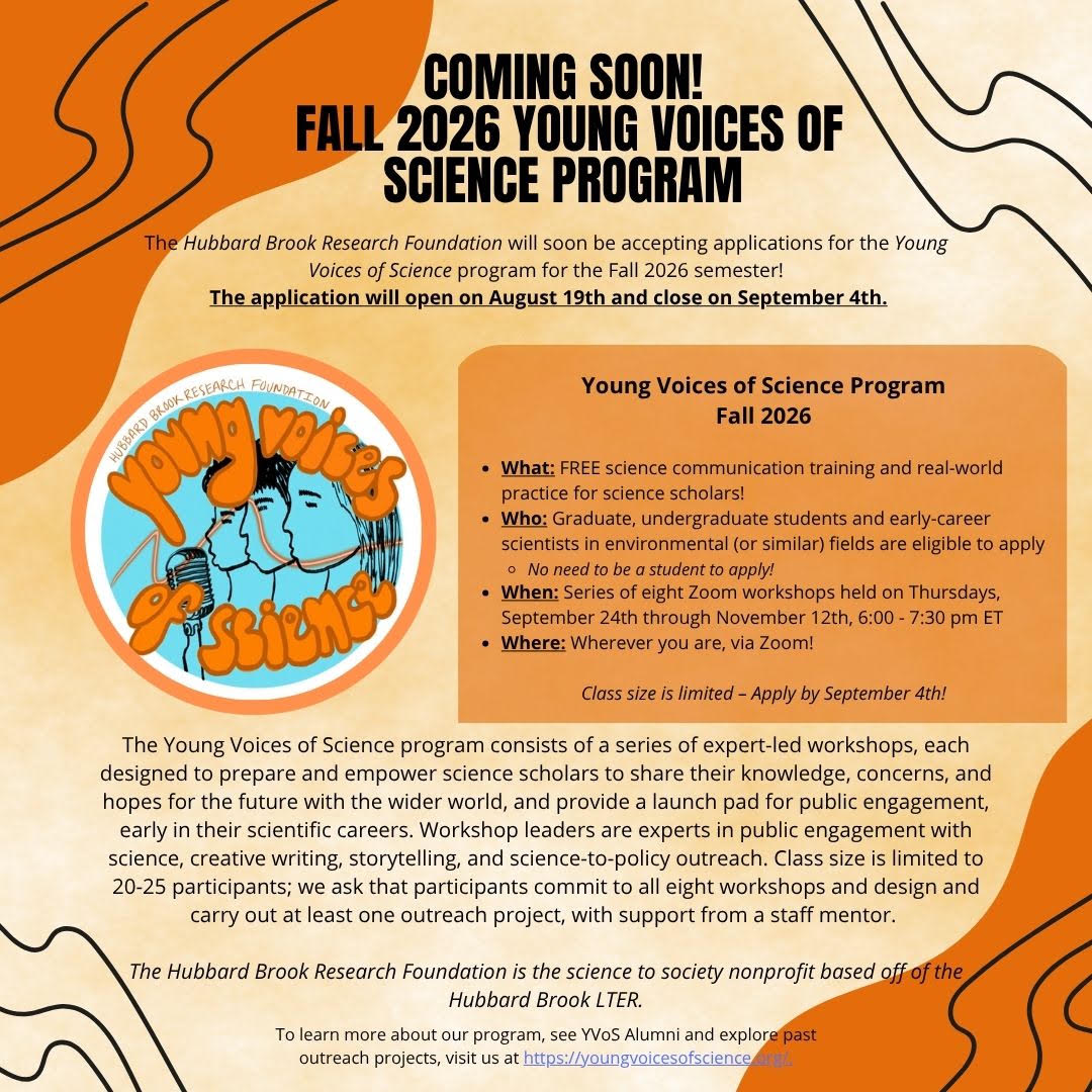 Young Voices of Scoence Flyer. Same information as in the announcement text on an orange background, with a graphic of YVOS logo.