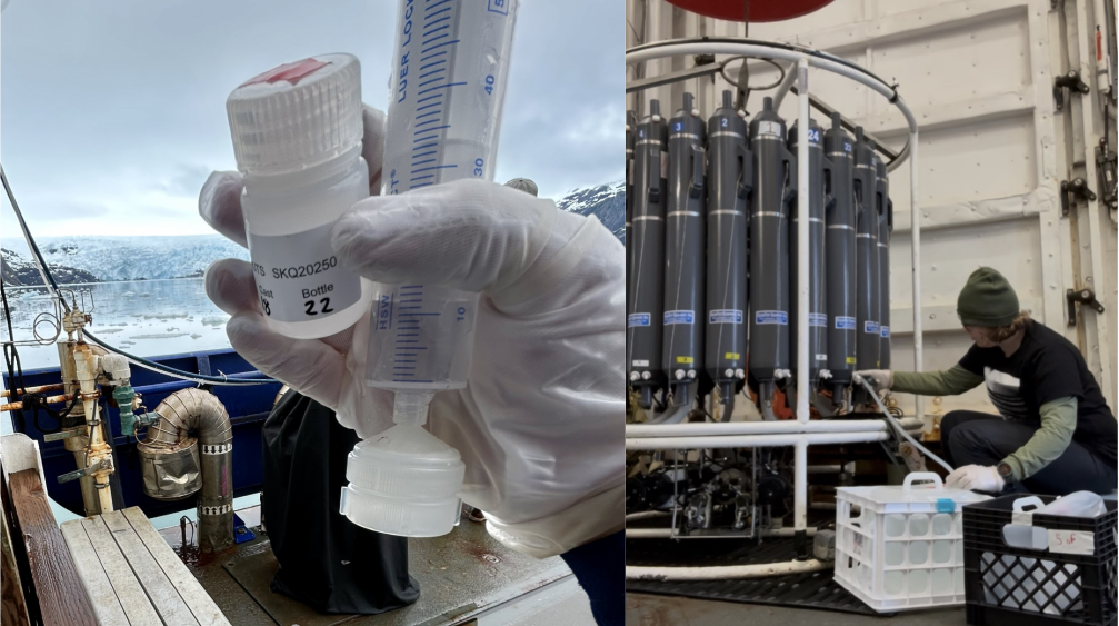 Left: A scientist handing a syringe. Right: A scientist pulling ocean water from the CTD.