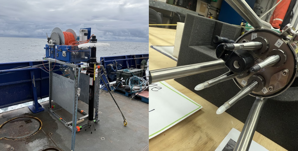 Left: A winch on the deck of a ship. Right: Close up view of turbulence sensor probes.