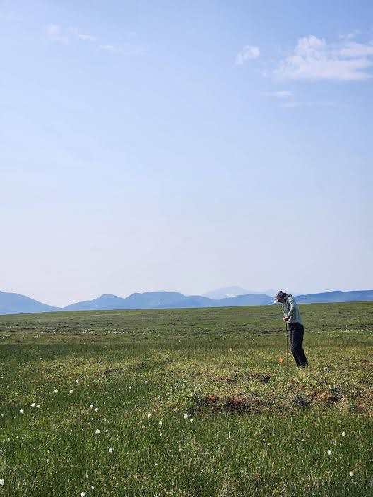 individual standing on a vast plain, soil sampler in-hand