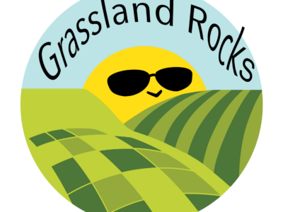 graphic image of hills covered by light greee/dark green squares and stripes, with a sun peeking over them and the words "grassland rocks" across the top