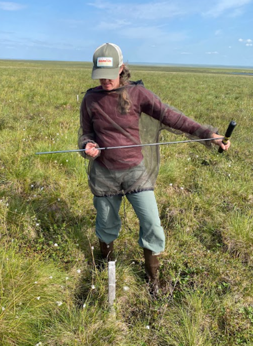 woman, with a t-handled probe in both hands.
