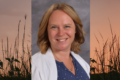 headshot of a smiling woman with shoulder-length strawberry-blond hair over an image of prairie grasses in the sunrise