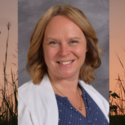headshot of a smiling woman with shoulder-length strawberry-blond hair over an image of prairie grasses in the sunrise