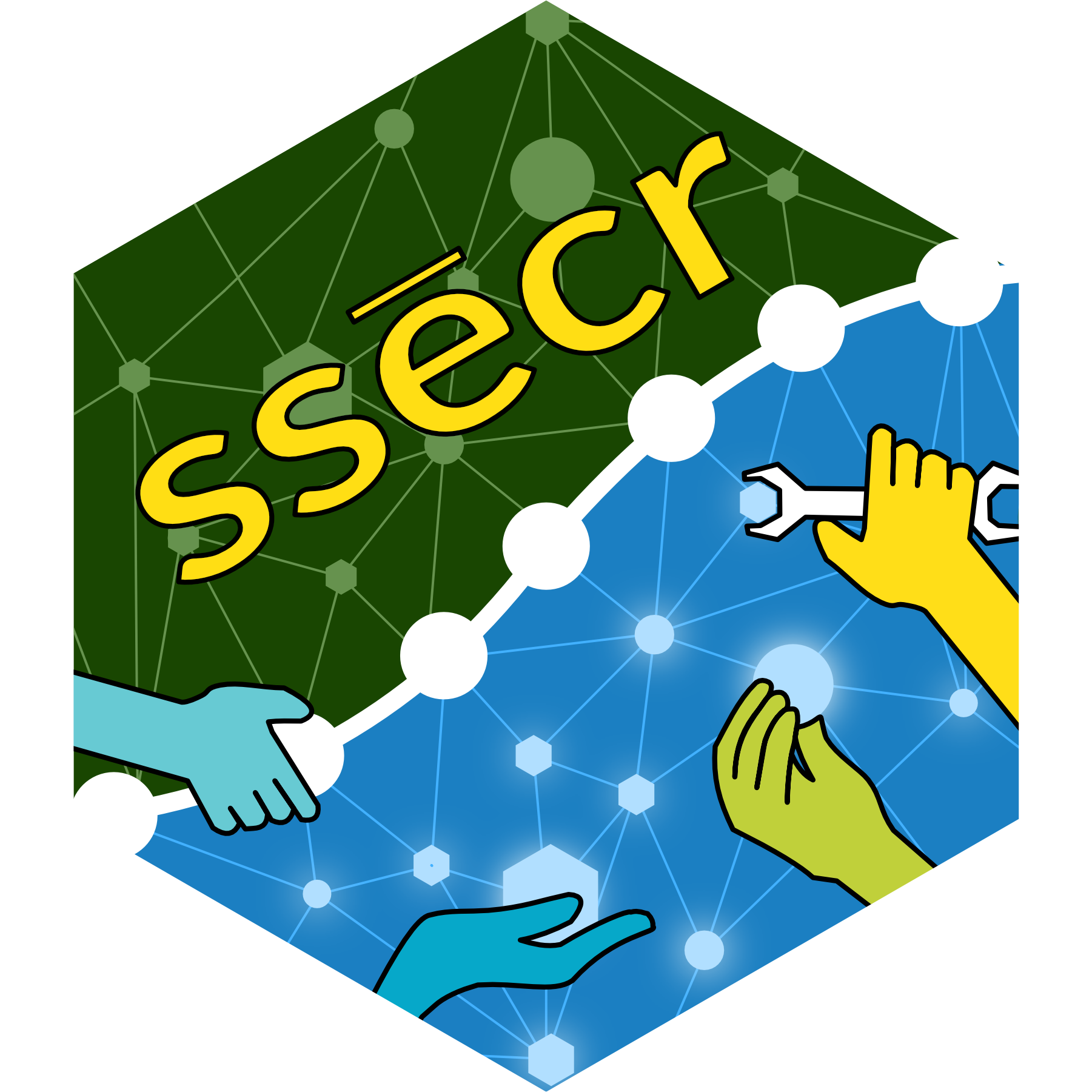 hexagonal logo with connected dots representing data and hands holding wrenches