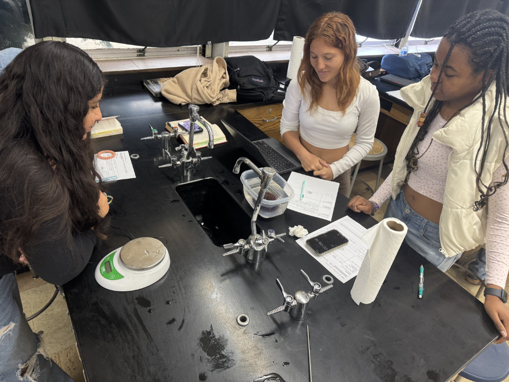 Three young women looking apprehensively at a plastic container with a sea urchin.