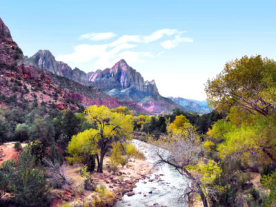 red rock landscape with stream flowing through it
